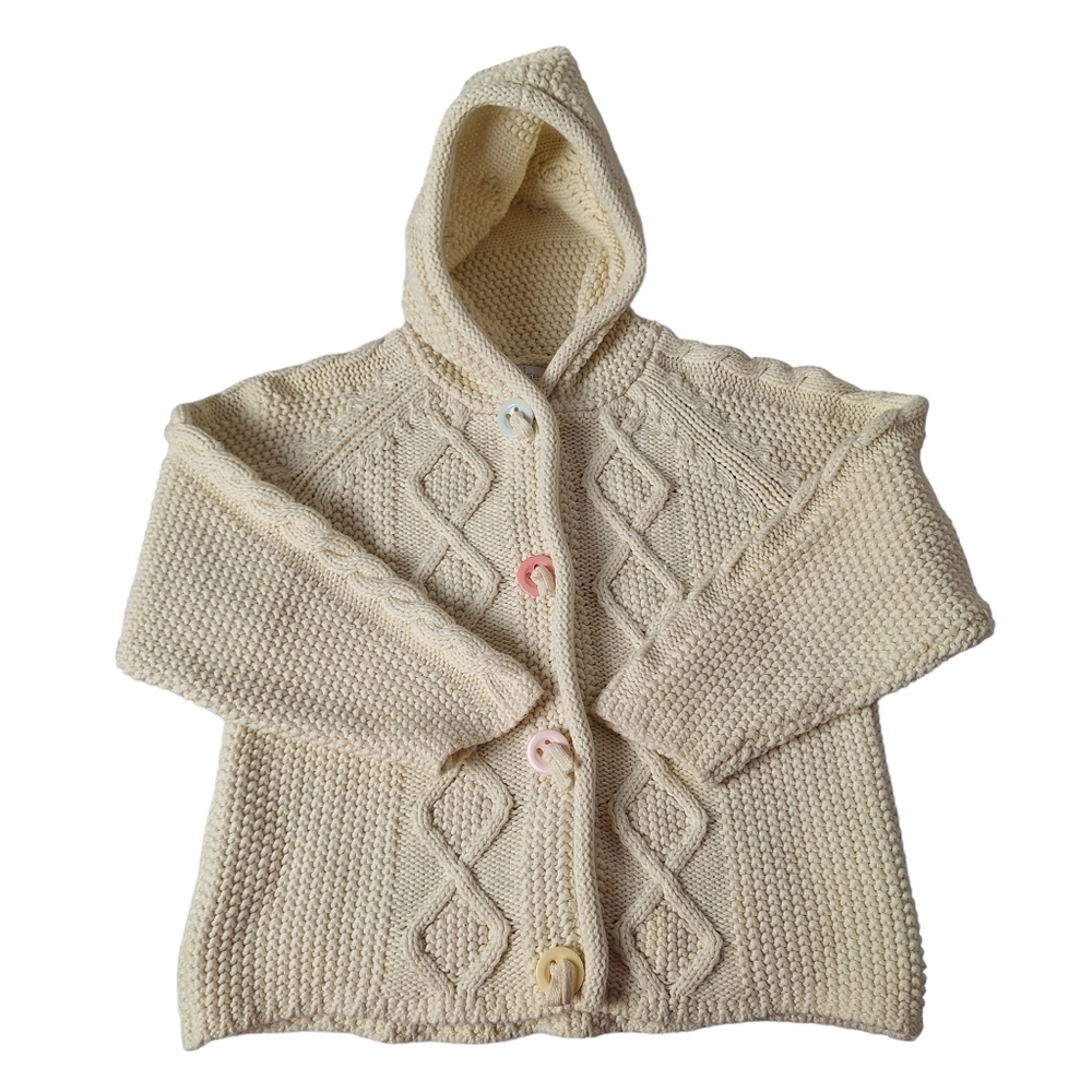 Irelands Eye 100% Cotton 4-5 Years Woven Cable Knit Button Down Hooded Sweater